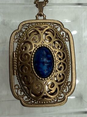 Vintage Avon Locket Necklace Gold Tone Filigree Blue Cabochon Statement Pendant